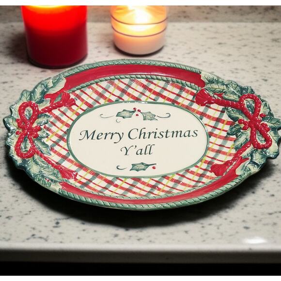 Fitz and Floyd Cookie Platter 'Merry Christmas Y'all" Handpainted Plaid Vintage - Picture 2 of 6